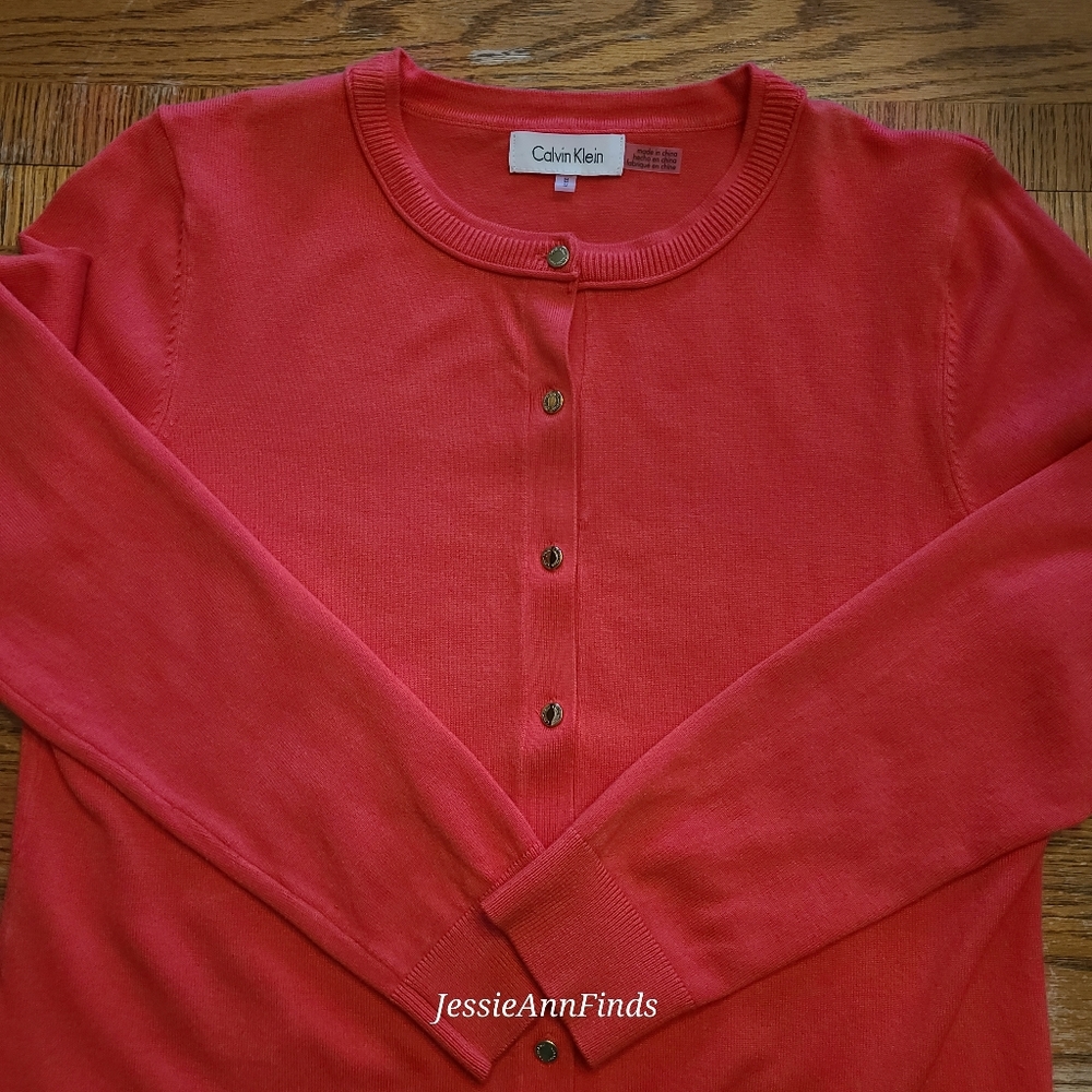 Calvin Klein Pink Fuschia Cardigan Gold Button Lightweight Sweater Size Medium